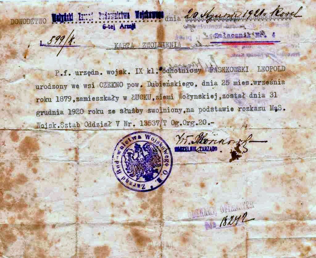 KKE 5978.jpg - Dok. Karta Demobilizacji Leopolda Kleofasa Paszkowskiego, Kowel, 20 I 1921 r.